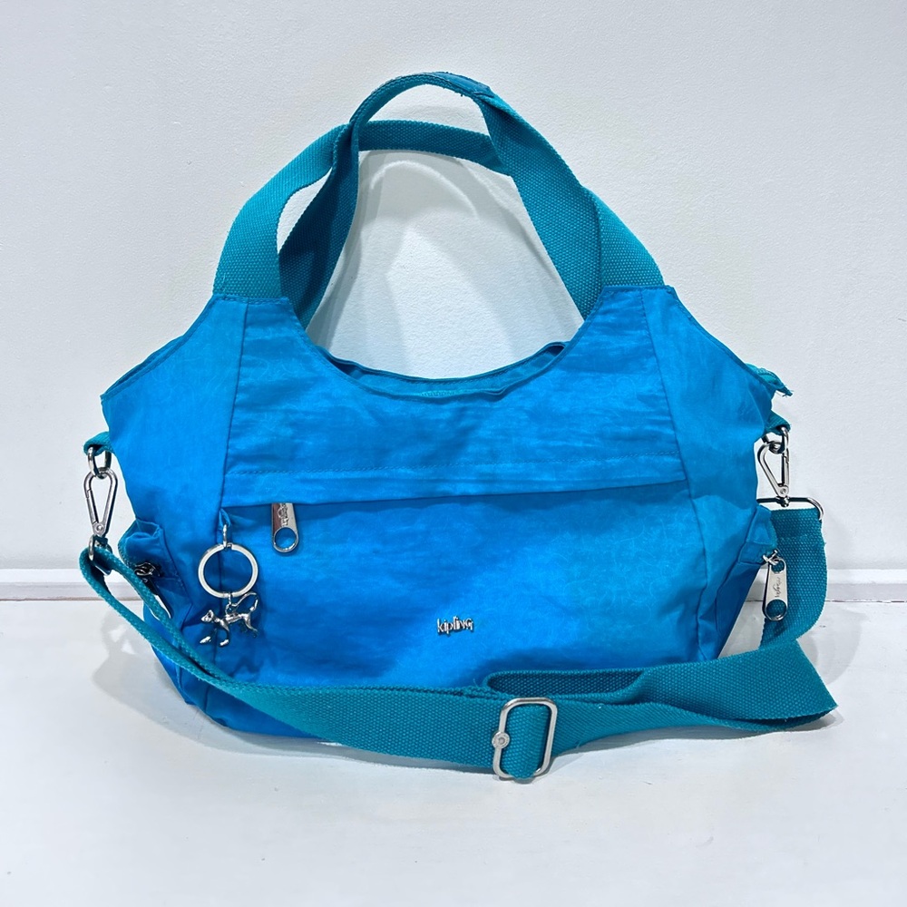 Kipling Blue Green Nylon Shoulder Tote Bag  w/ Crossbody Strap & Monkey Keychain
